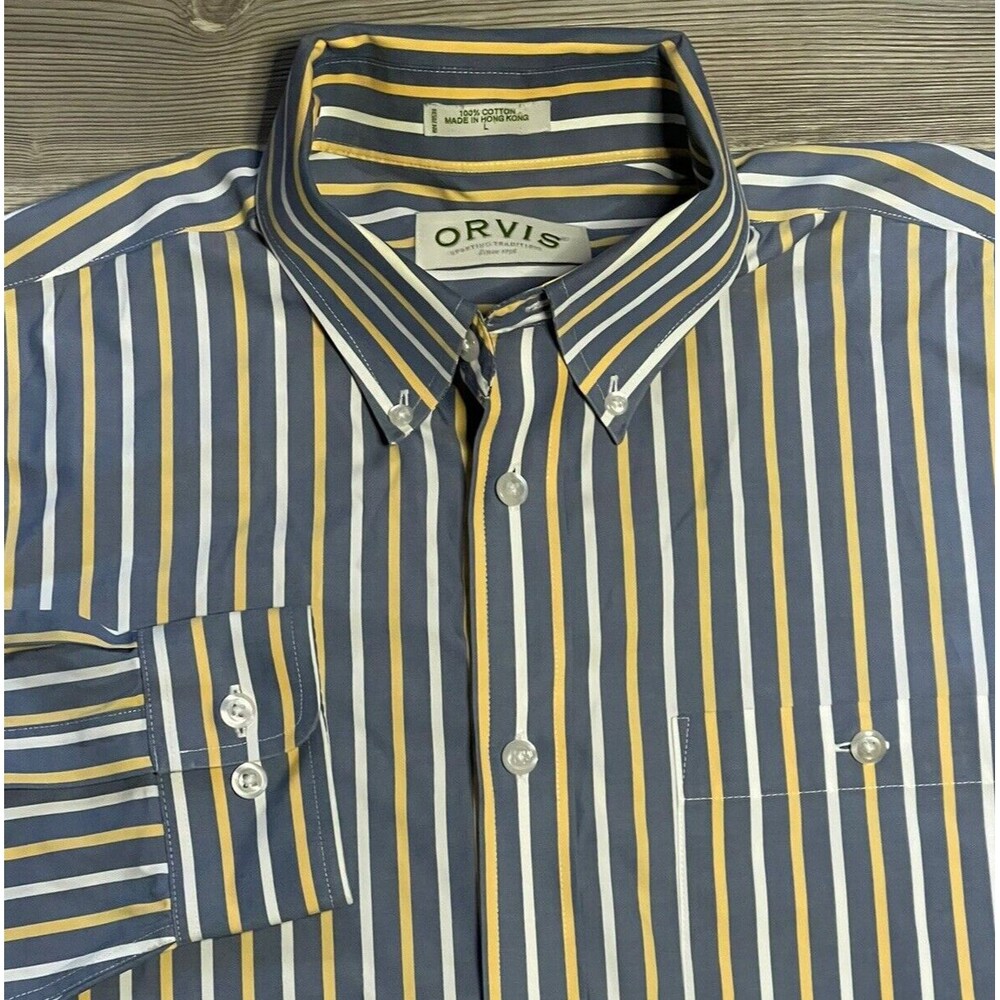ORVIS Mens Size Large Gray Yellow Stripe Long Sleeve Button Down 100% Cotton